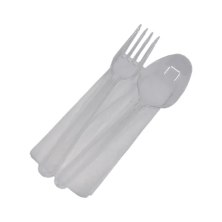 Set Bis Plastic Furculiță + Lingură + Șervetel Transparent (100 Buc/Set)