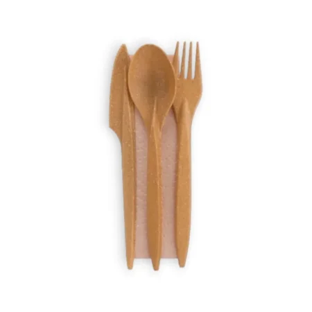 Set Tris Furculiță + Cuțit + Lingură din Fibră Lemnoasă + Șervețel (100 Buc/Set)